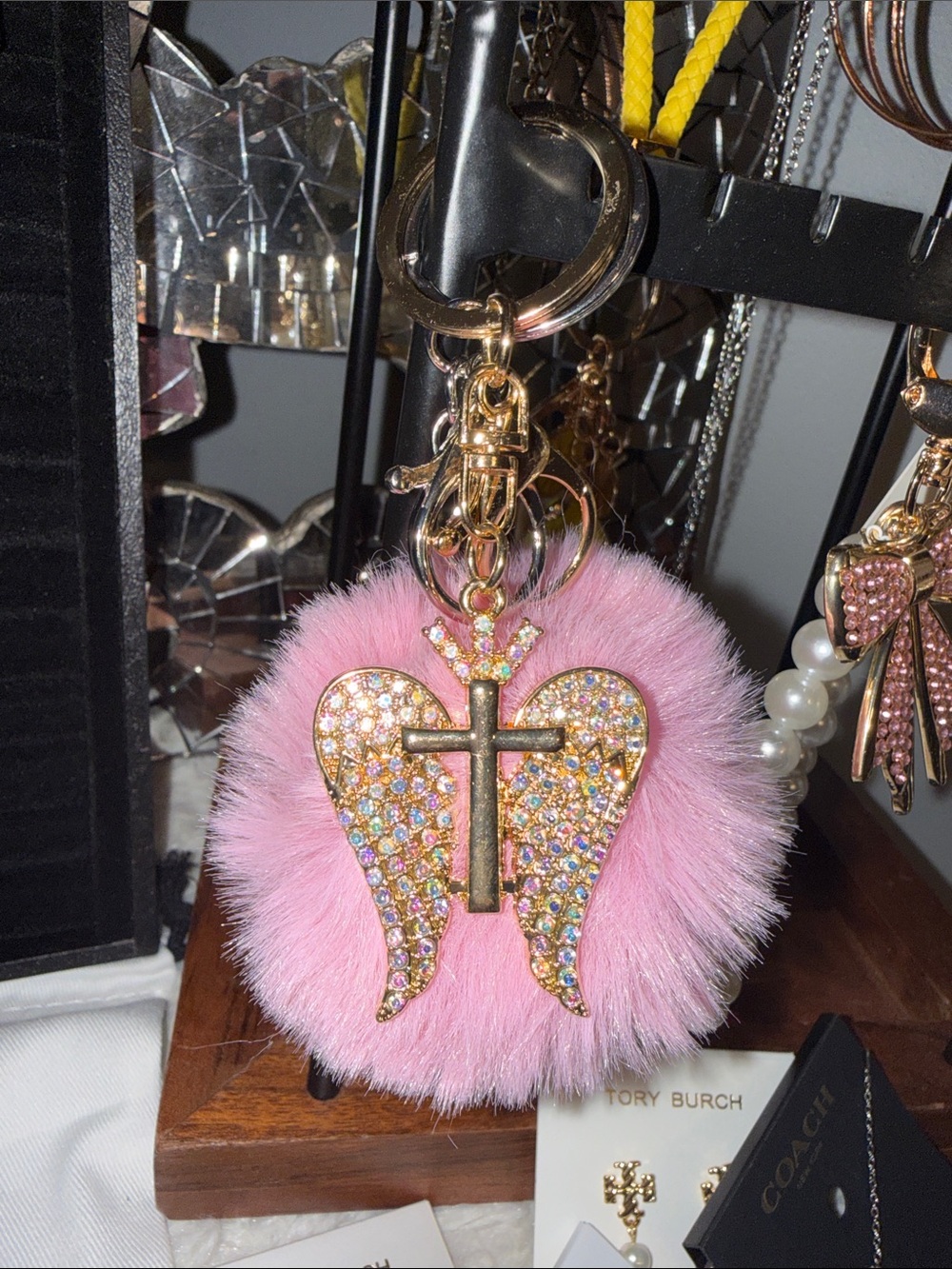 Pink Fur Pom Keychain with Rhinestone Angel Wings & Cross - Picture 3 of 3